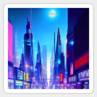 Ai Generated Art Scenery - Futuristic City Skyline With Shops And Neon Lighting Magnet